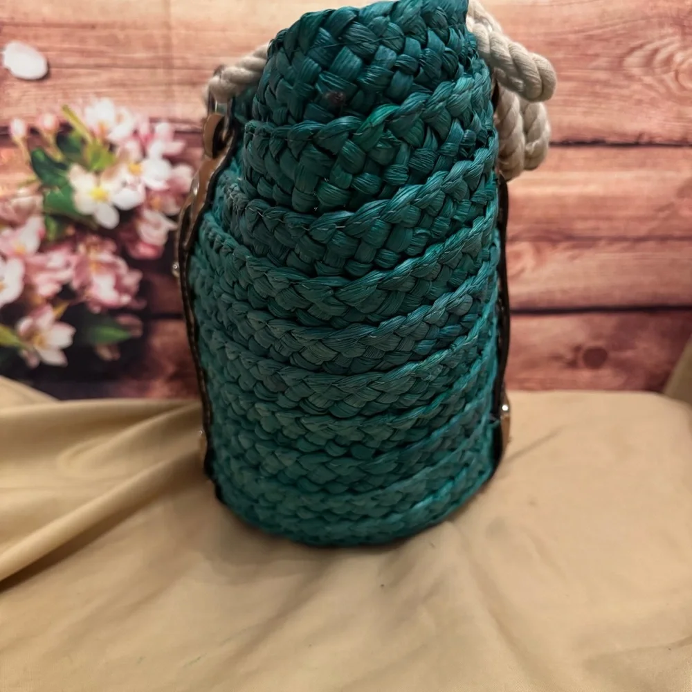 St. John’s Bay Audrina Straw Tote Emerald Green Rope Handle Beach Bag